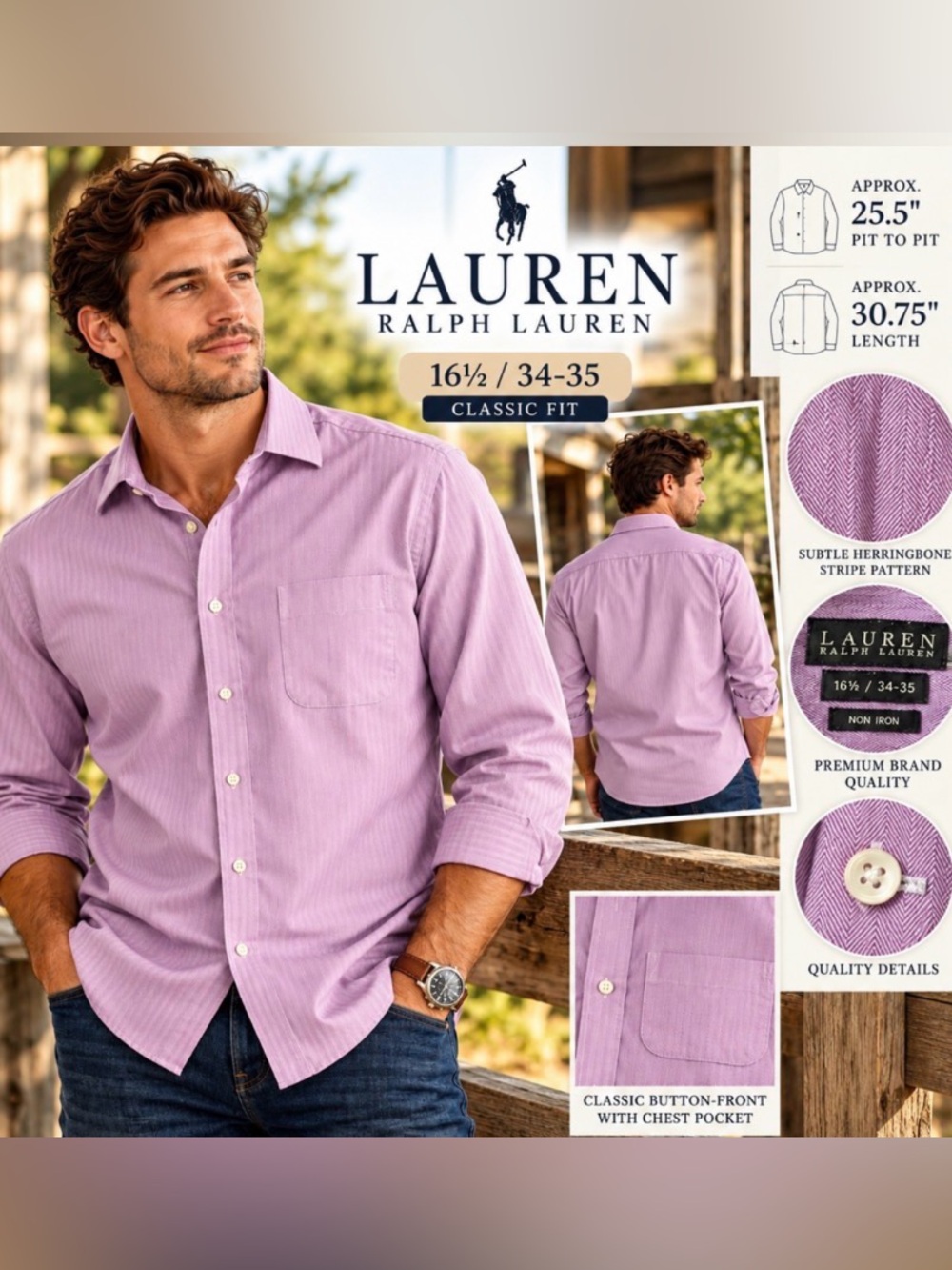 Lauren Ralph Lauren Men’s 16.5 34/35 Non Iron Purple Herringbone Dress Shirt
